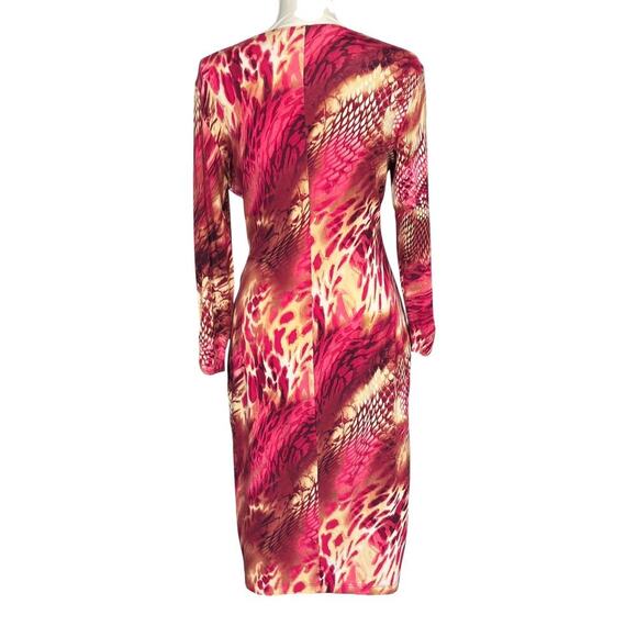 Vintage Cache Faux Wrap Midi Dress Size Large Animal Print Pink Bodycon Ruched - Picture 2 of 7